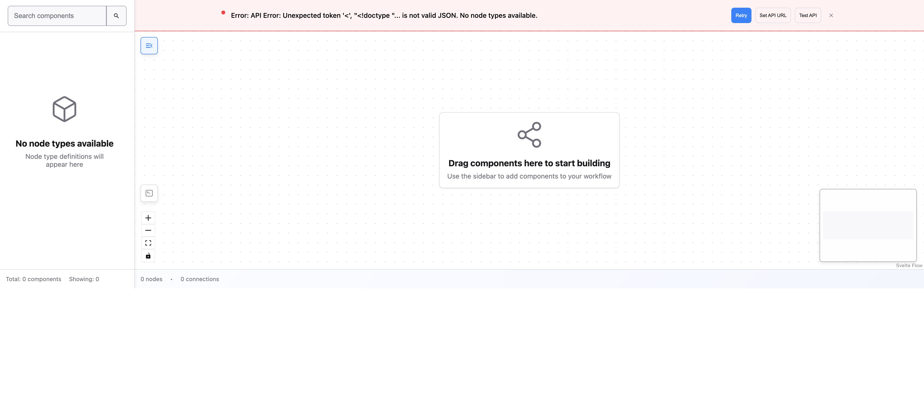 An empty FlowDrop editor canvas with a grid background, no nodes in the sidebar and no workflow loaded.