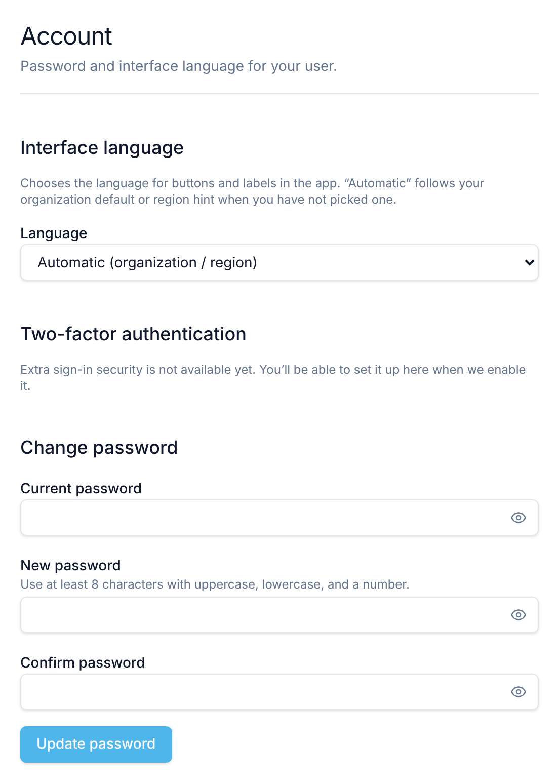 The Account settings page with the interface language selector, a note that two-factor authentication isn't available yet, and the Change password form