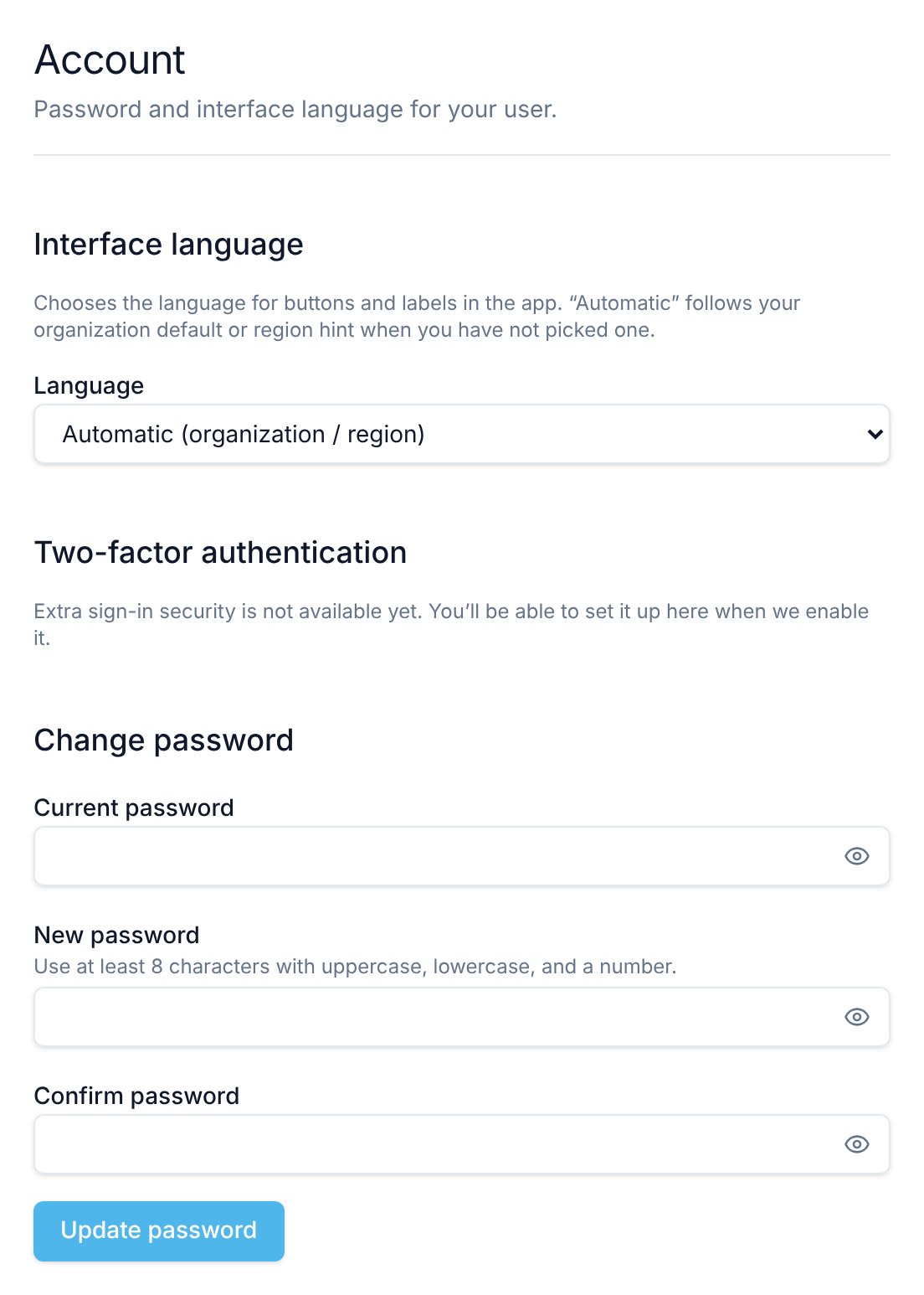 The Account settings page with the interface language selector, a note that two-factor authentication isn't available yet, and the Change password form