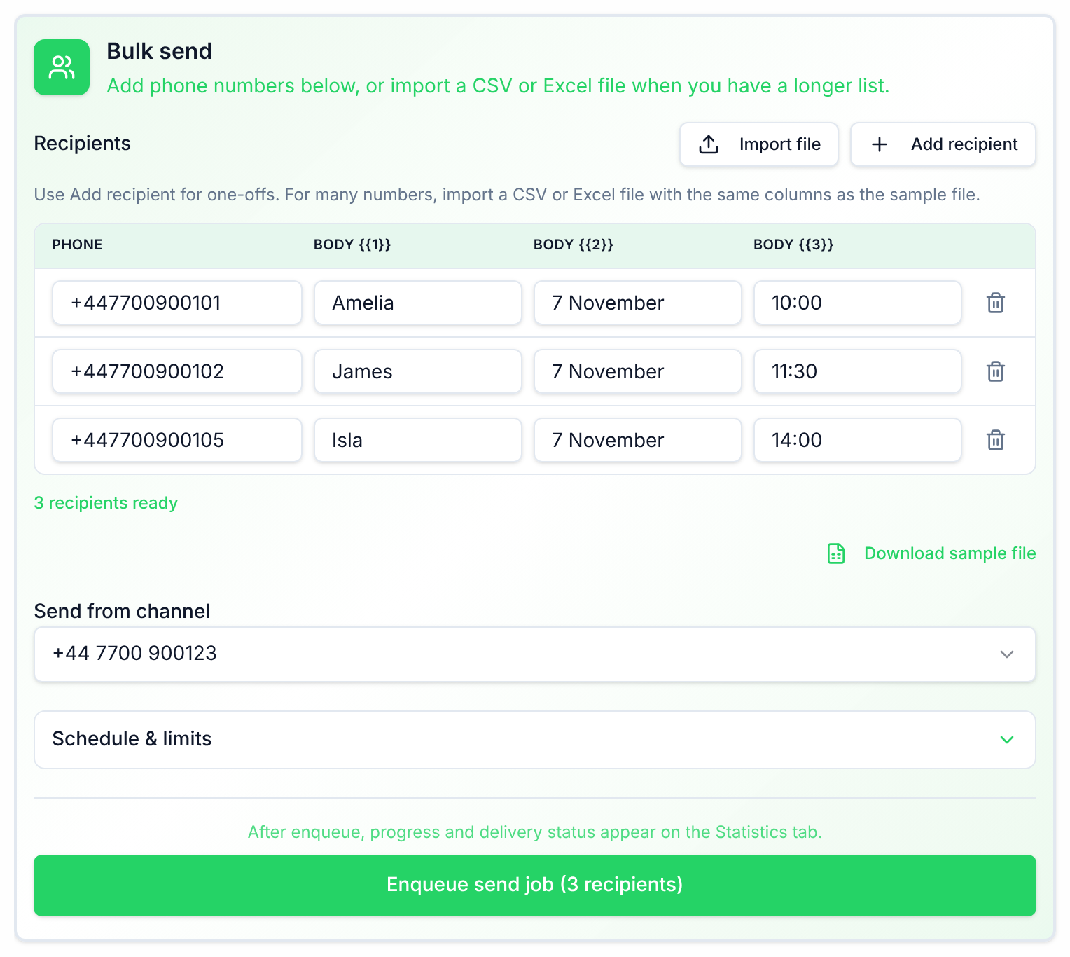The Bulk send card on a template's Send tab, with recipients and their variable values, Import file, Add recipient, Send from channel, Schedule & limits and the Enqueue send job button