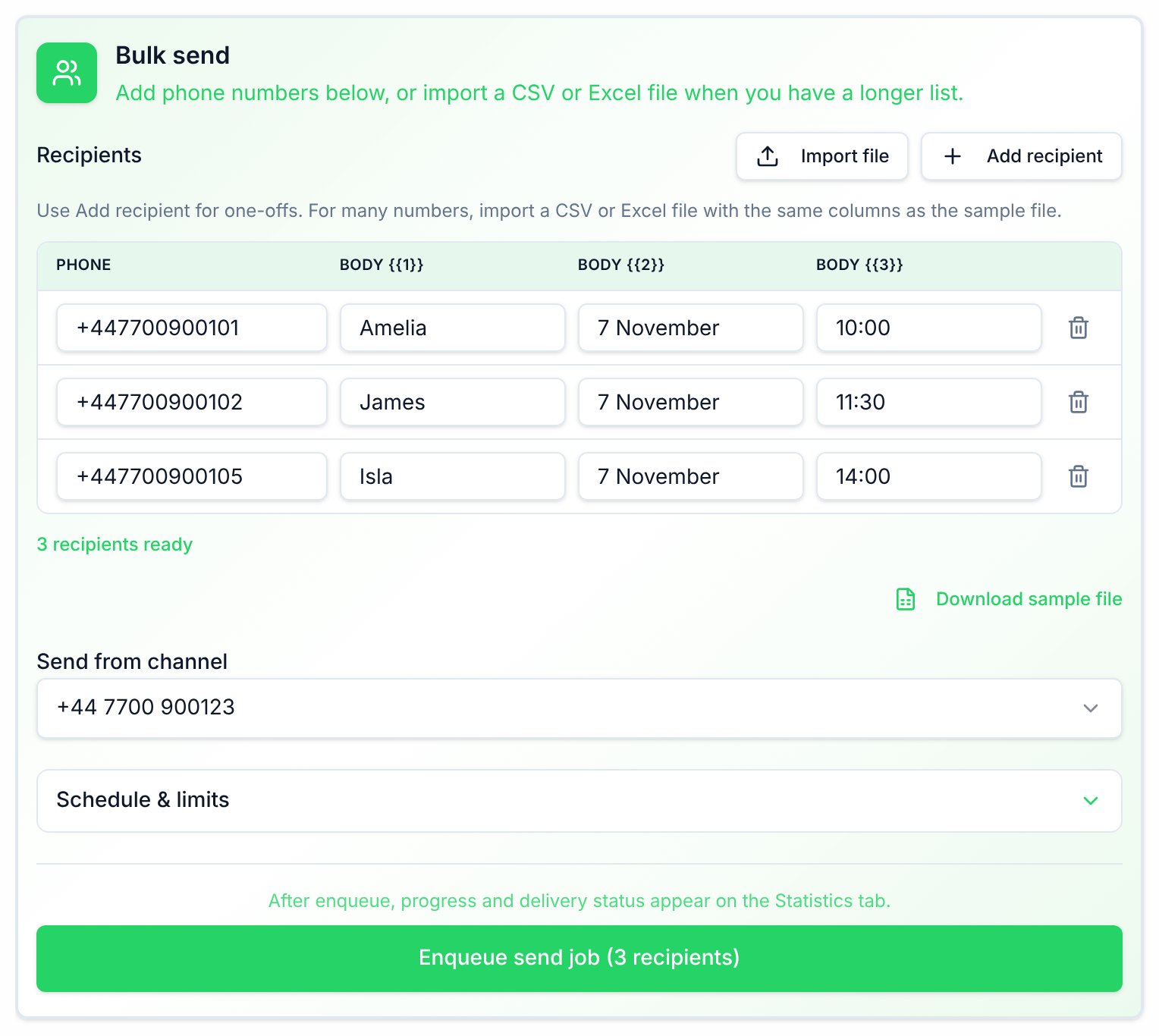 The Bulk send card on a template's Send tab, with recipients and their variable values, Import file, Add recipient, Send from channel, Schedule & limits and the Enqueue send job button