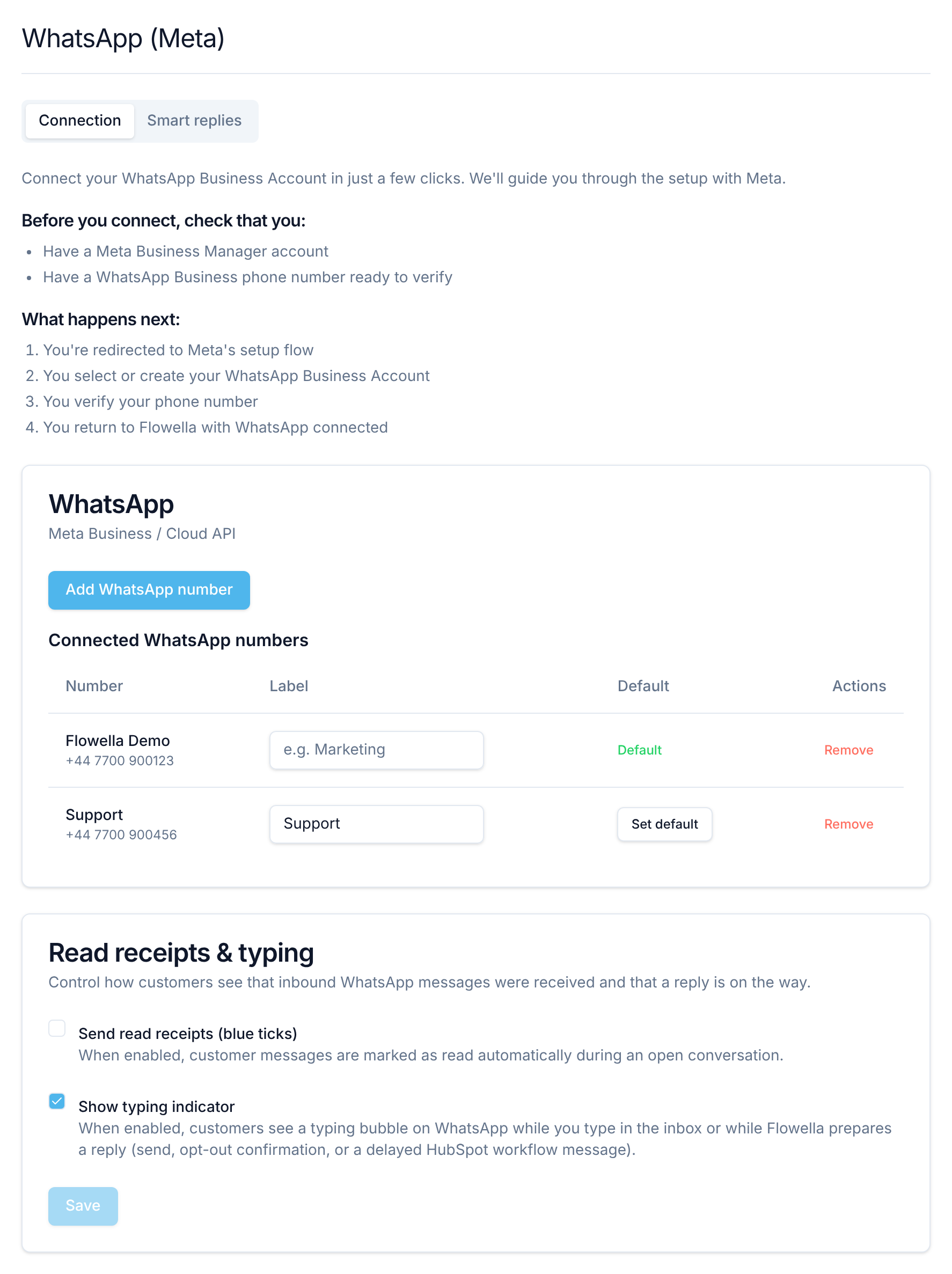 A página de definições WhatsApp (Meta) no separador Connection, com dois números ligados, as respetivas etiquetas e o número predefinido, o botão Add WhatsApp number e as definições Read receipts & typing