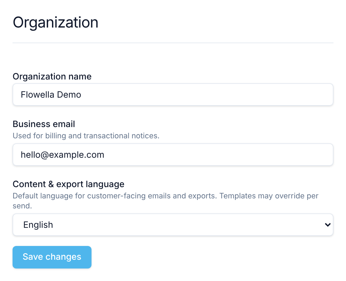 Die Seite der Organisationseinstellungen mit den Feldern Organization name, Business email und Content & export language sowie der Schaltfläche Save changes