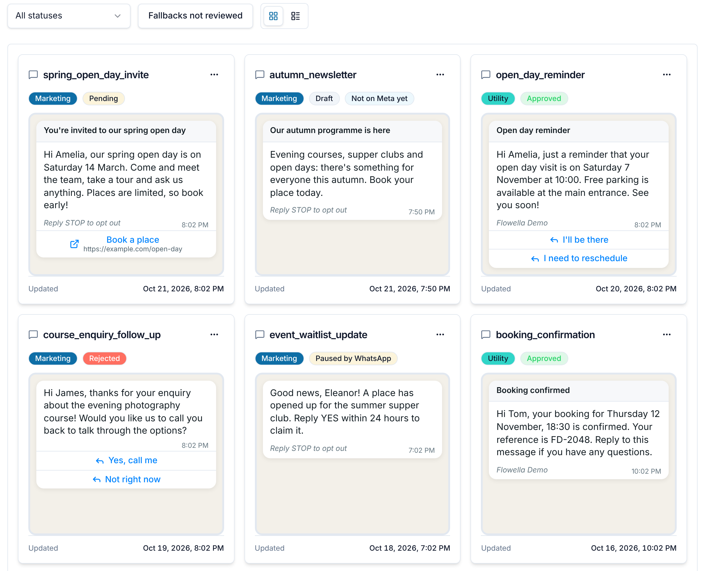 La page Templates avec un filtre de statut et des cartes de modèles indiquant la catégorie et le statut de chaque modèle, notamment Draft, Pending, Approved, Rejected et Paused by WhatsApp
