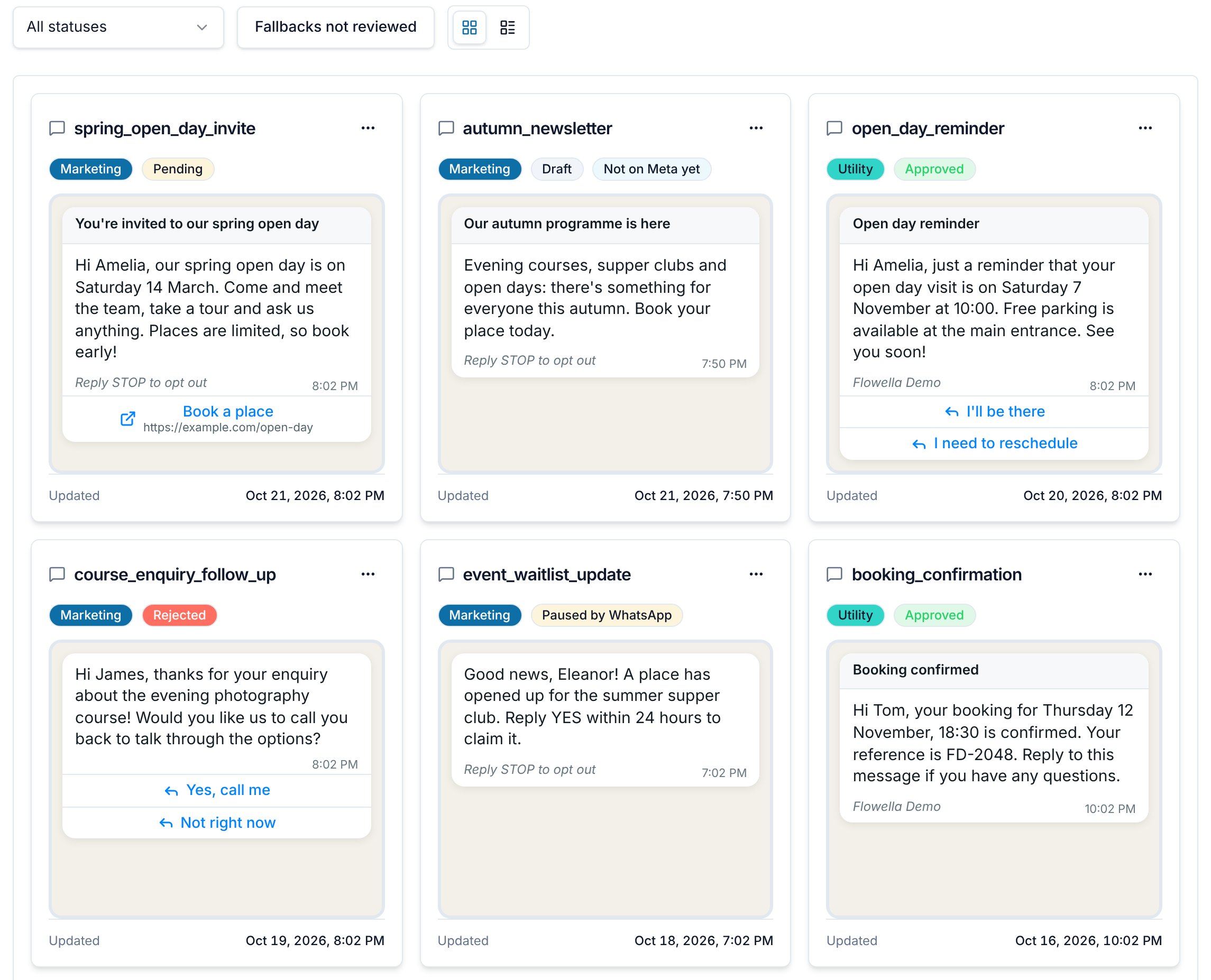 La page Templates avec un filtre de statut et des cartes de modèles indiquant la catégorie et le statut de chaque modèle, notamment Draft, Pending, Approved, Rejected et Paused by WhatsApp