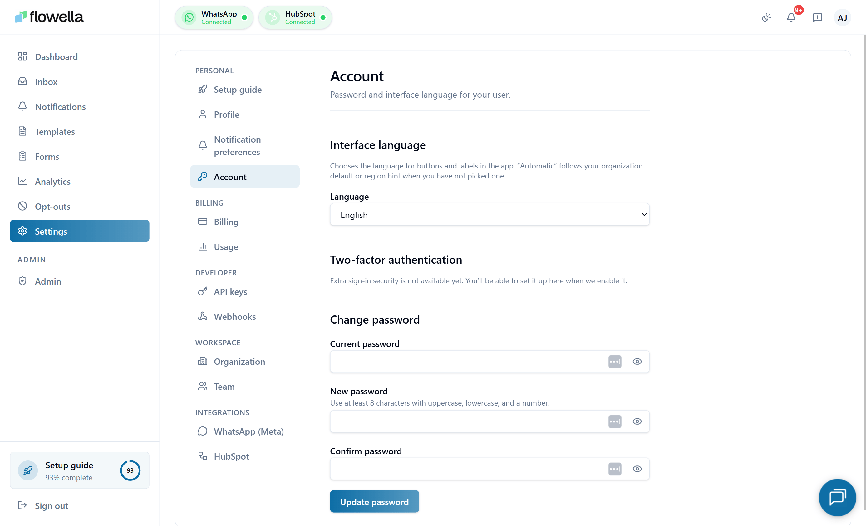 Flowella account settings