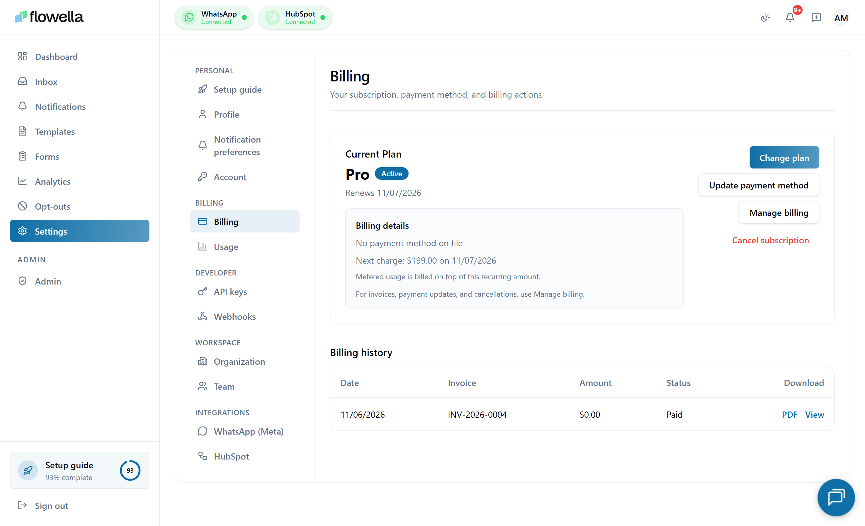 Flowella billing and subscription
