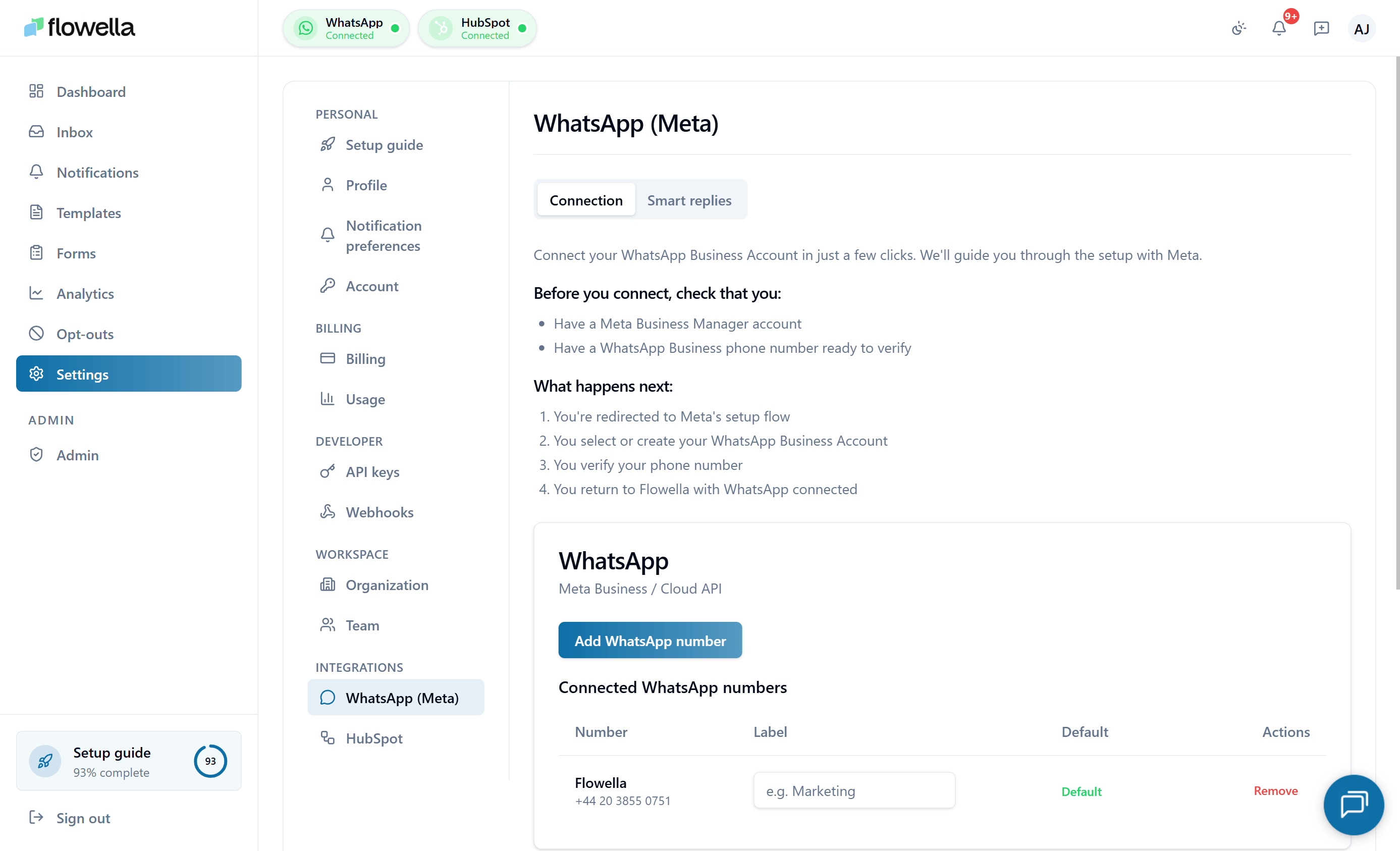 Flowella WhatsApp Meta integration settings