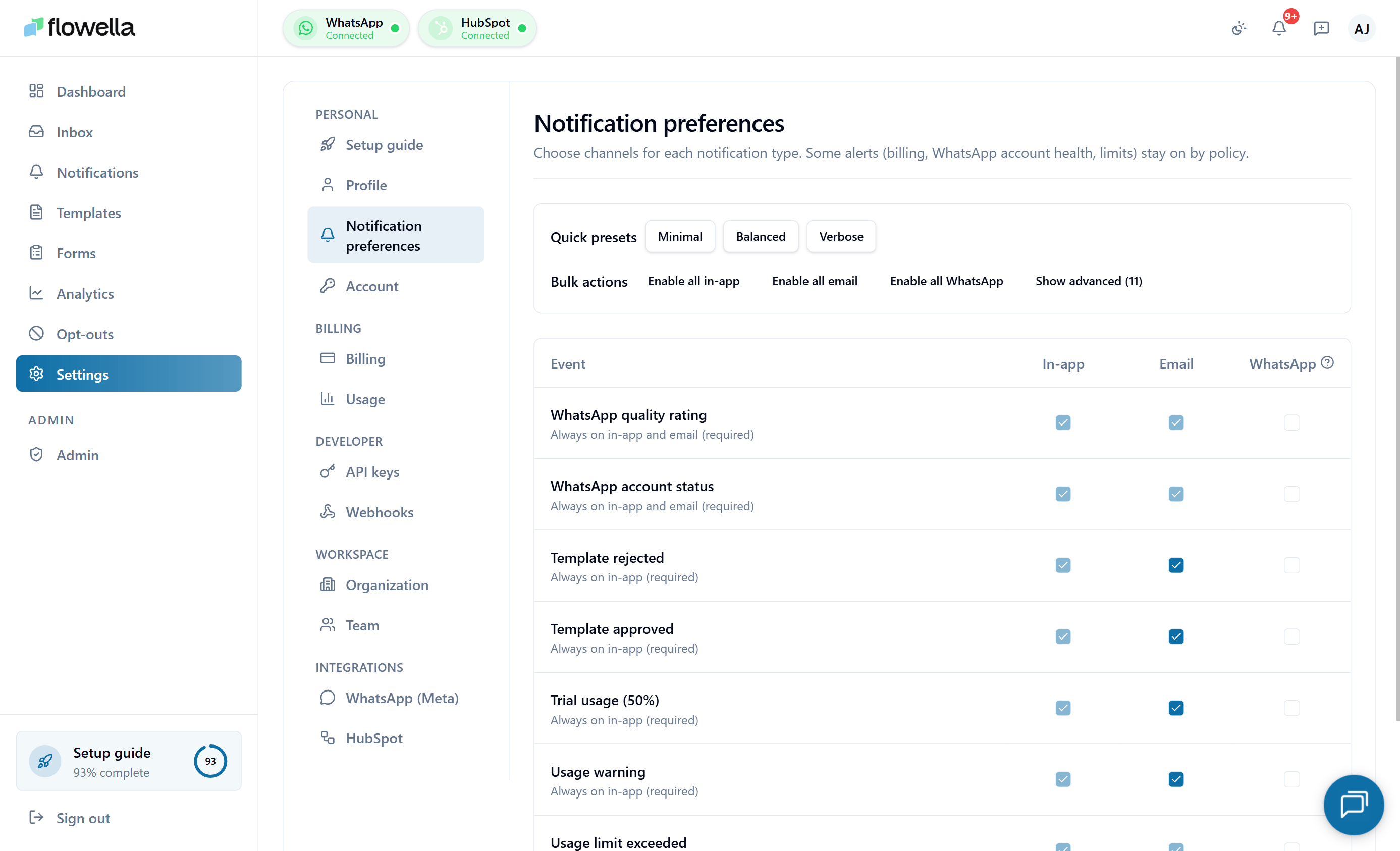 Flowella notification preferences