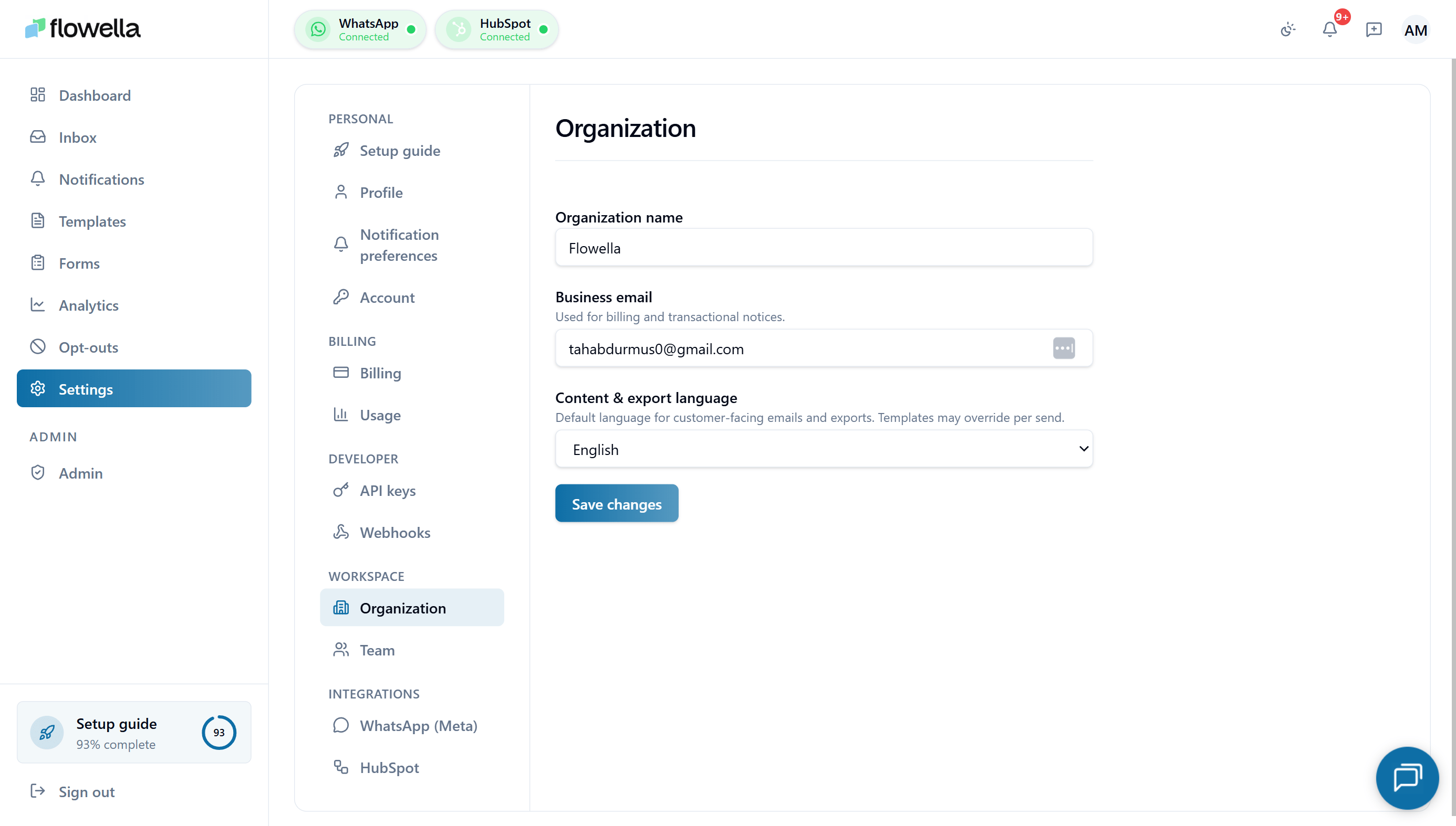 Flowella organisation settings