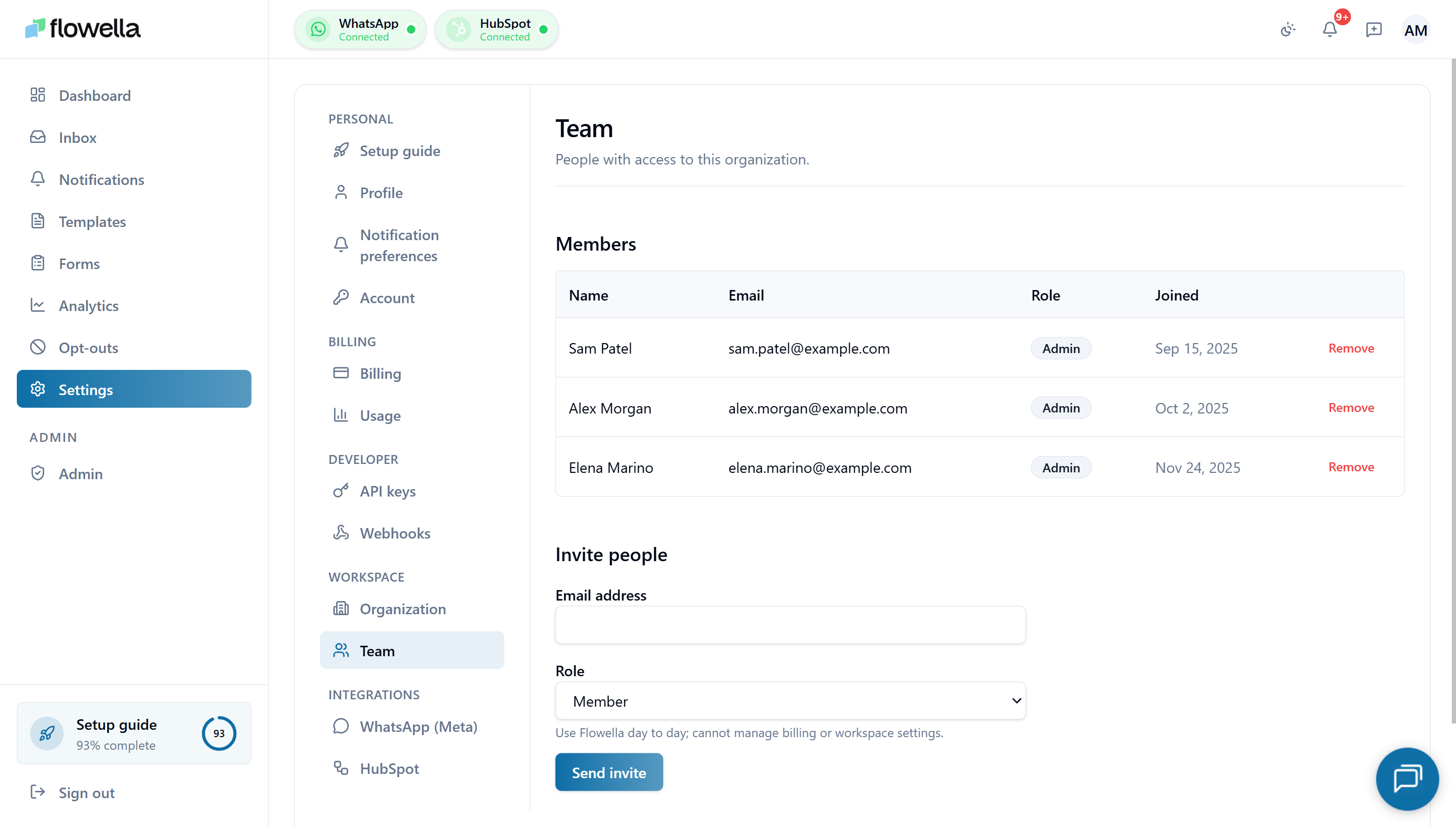 Flowella team settings
