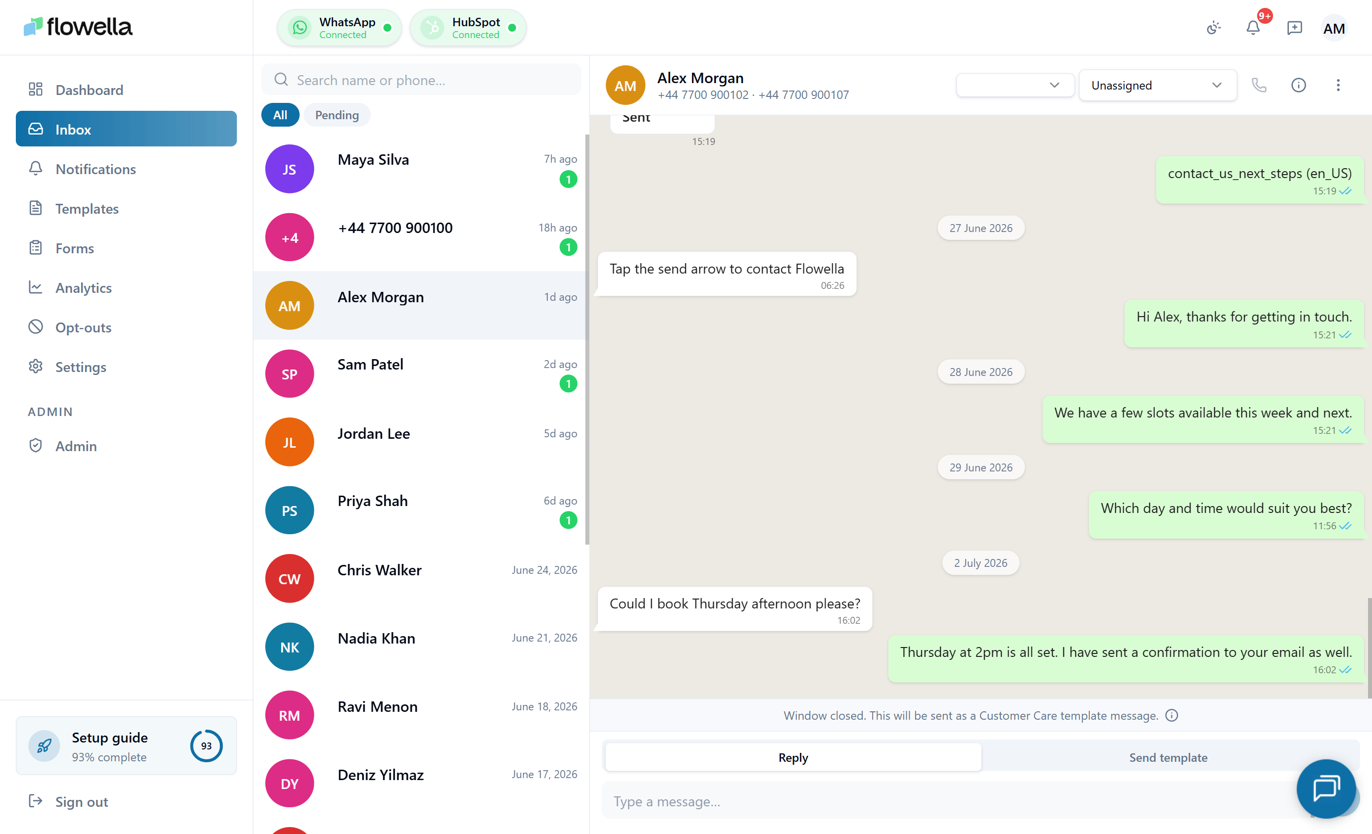 Flowella inbox with an open conversation