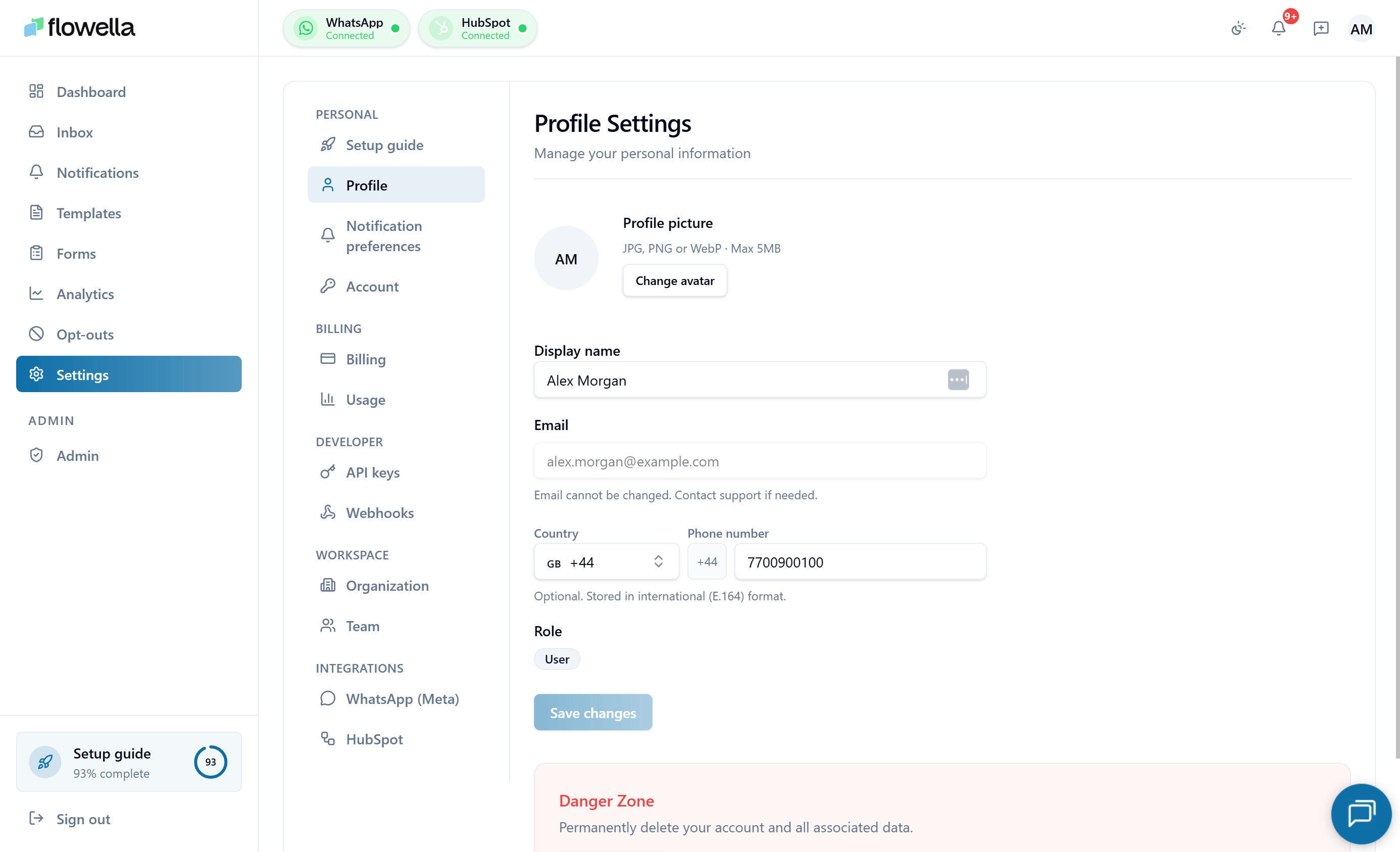 Flowella profile settings