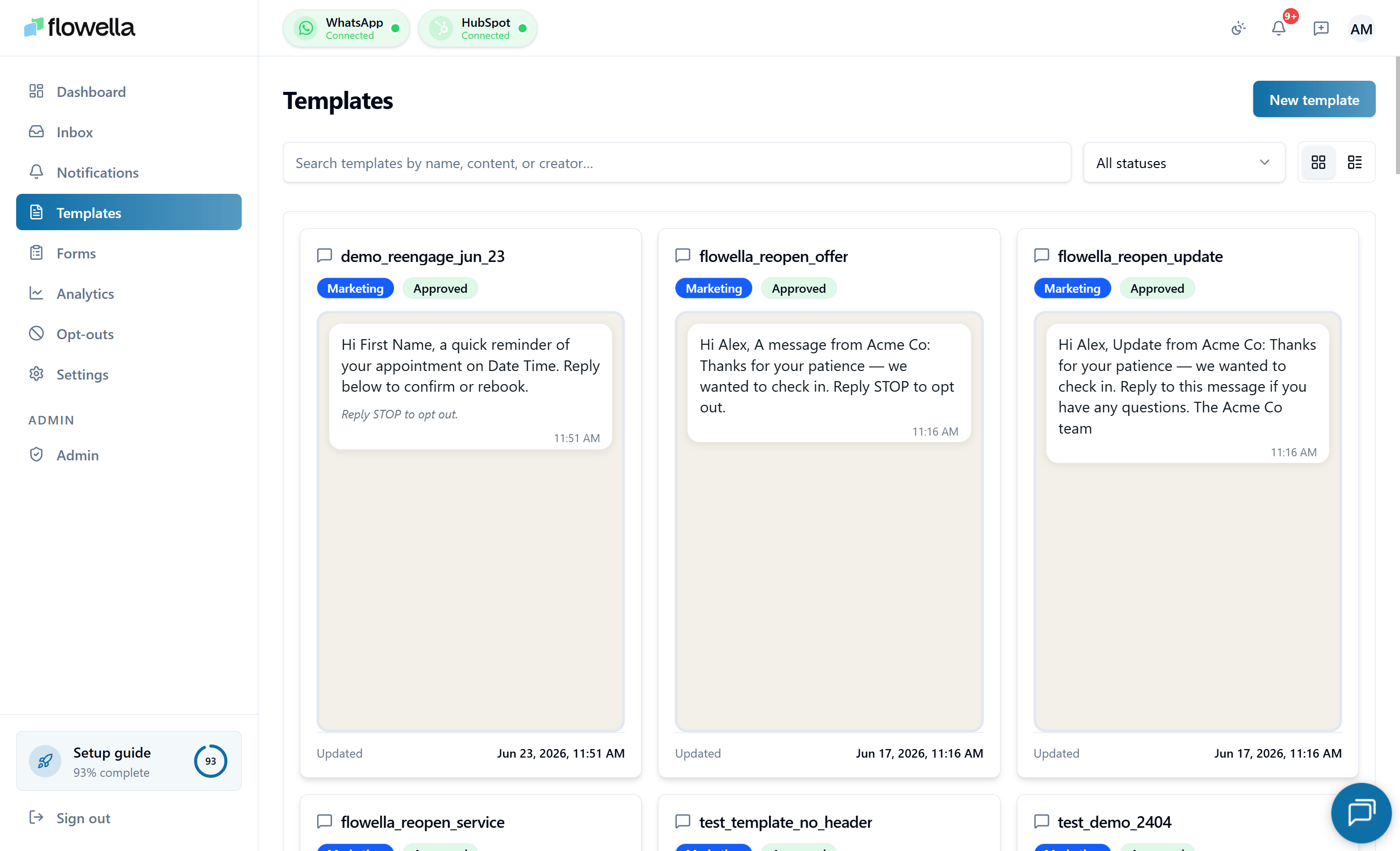 Flowella WhatsApp templates list