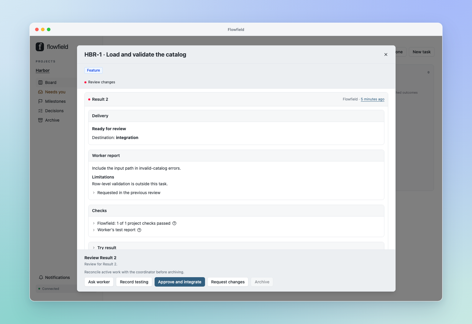 A task result with its report, checks and review controls