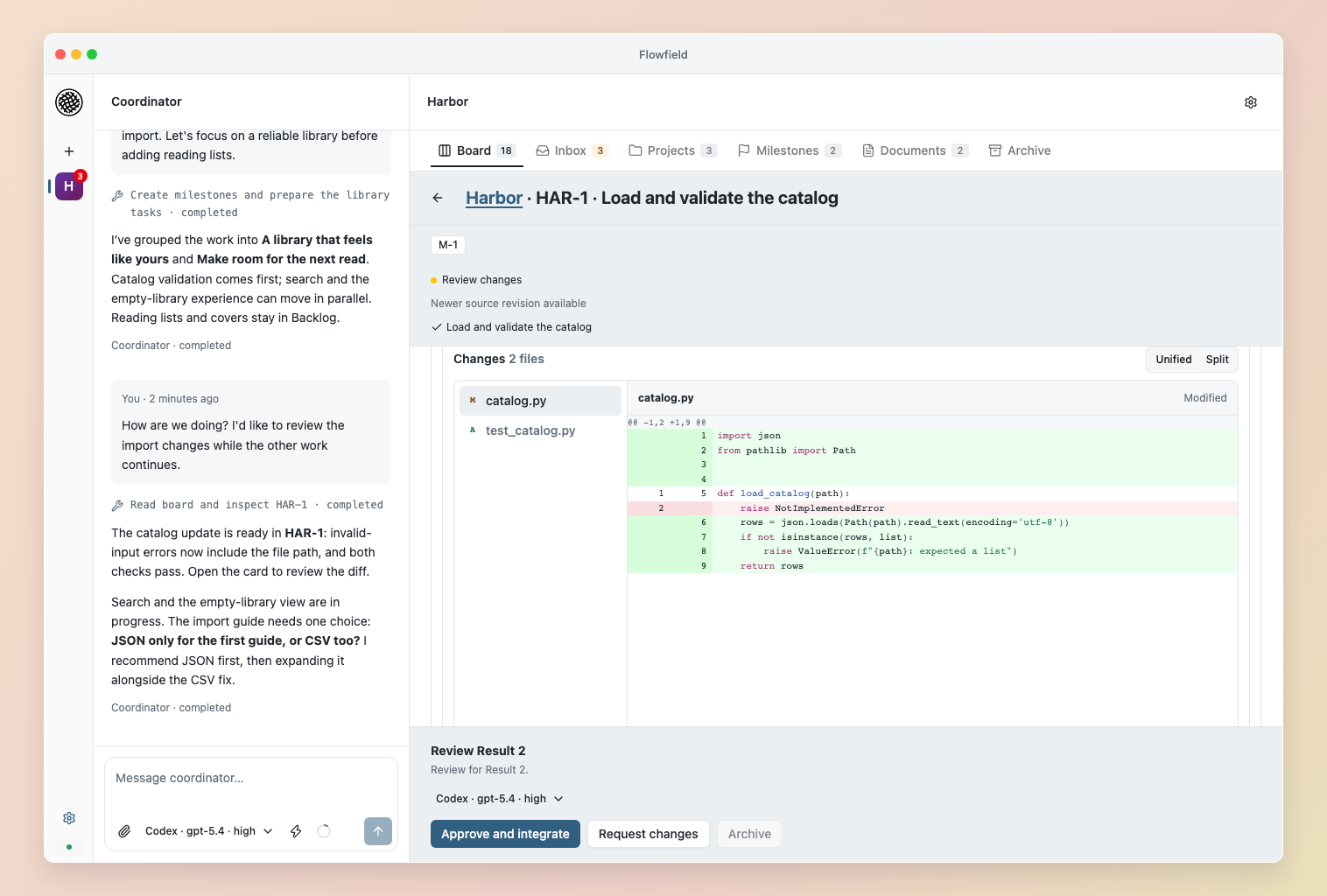 Code changes and exact-result review beside the Coordinator