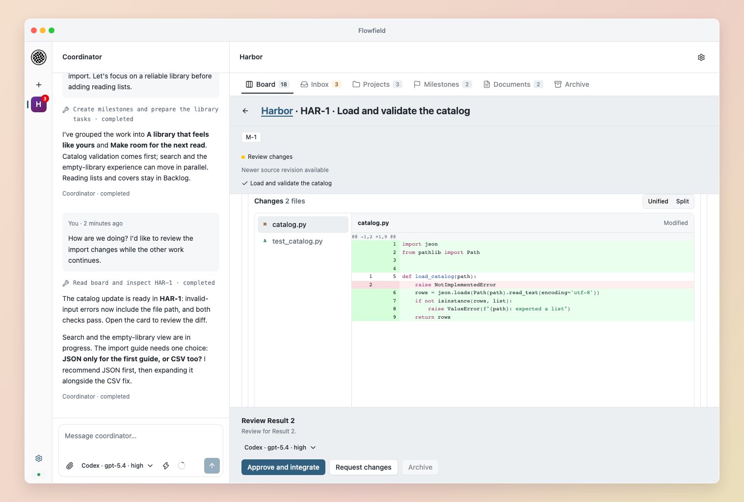 Code changes and exact-result review beside the Coordinator