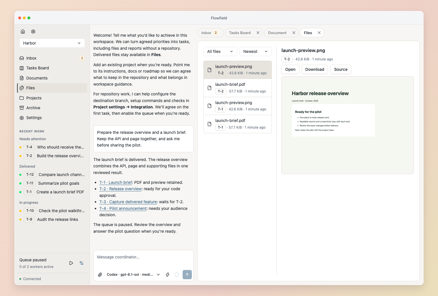 Retained task files with an image preview and a link to their source result