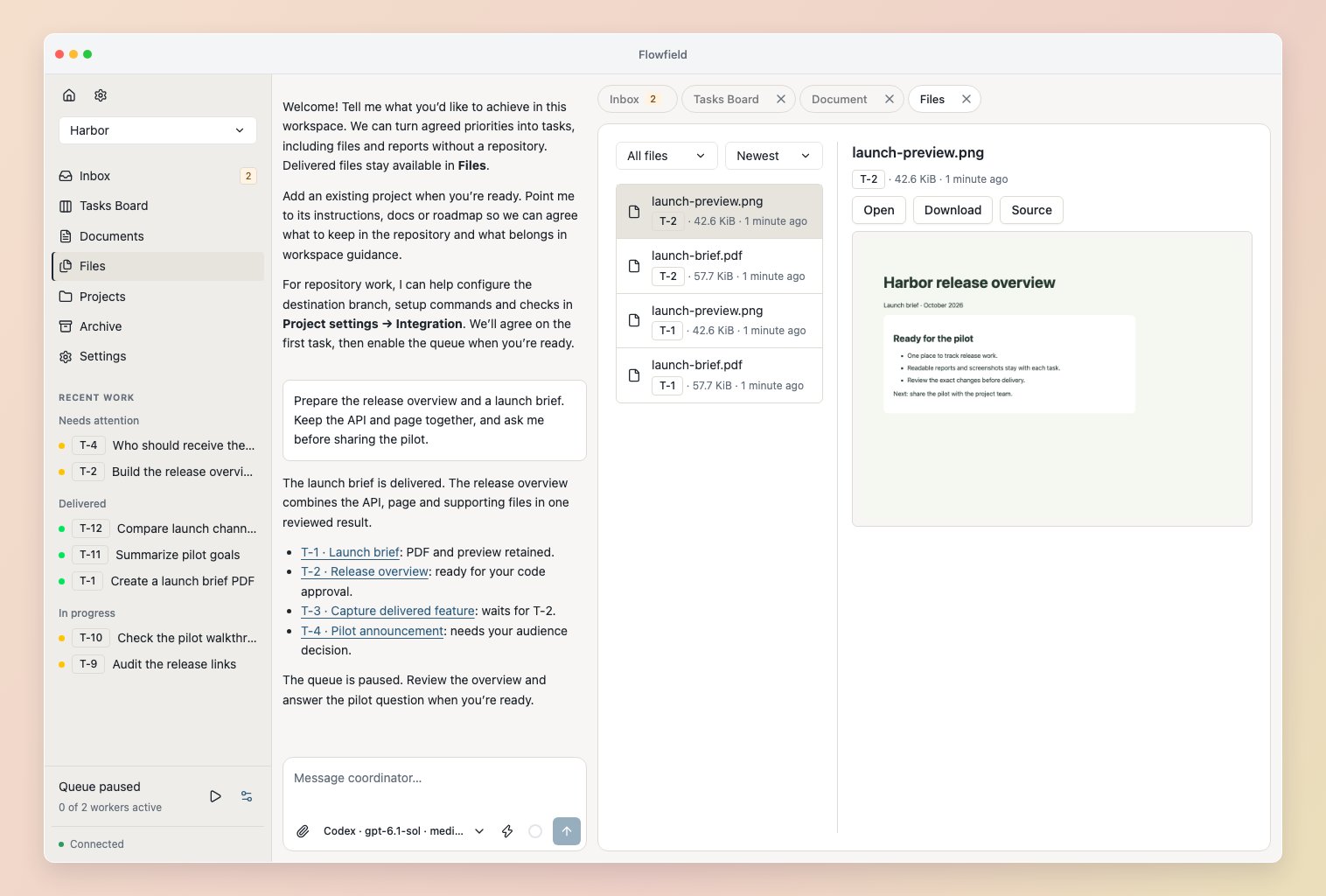 Retained task files with an image preview and a link to their source result