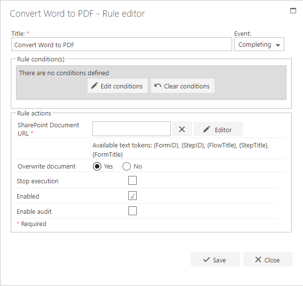 Convert Word to PDF rule configuration