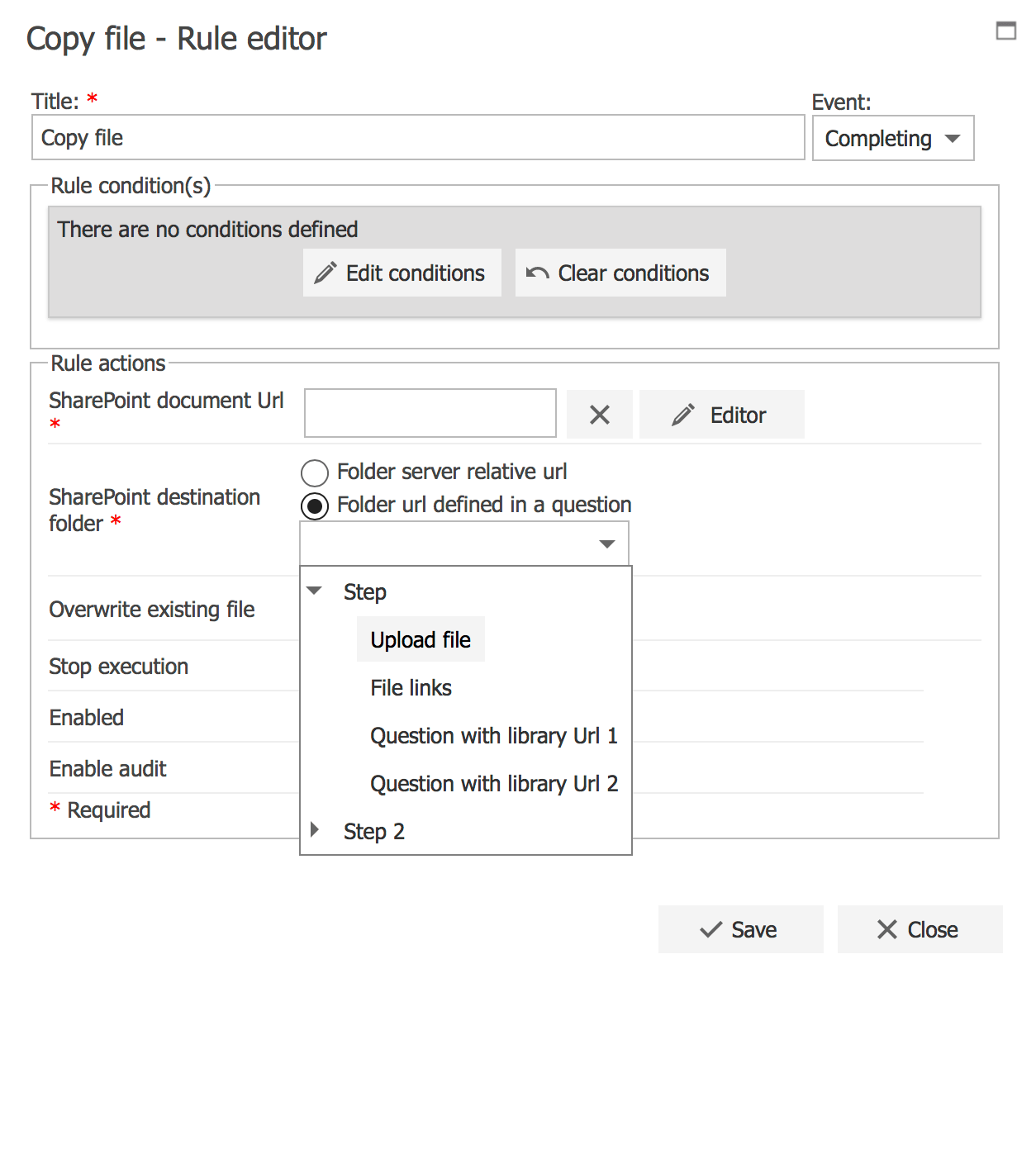 Selecting a question that defines the folder Url