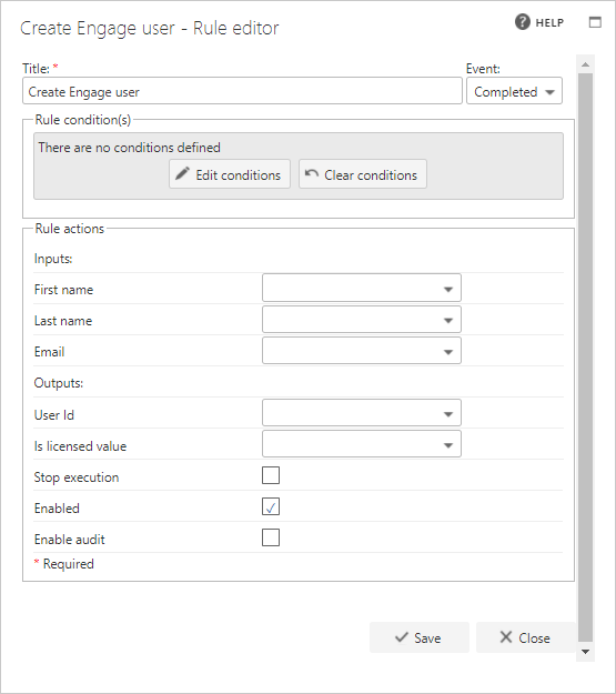 Create Engage User business rule configuration