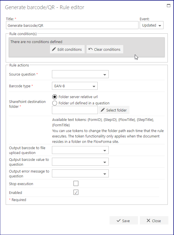 Generate barcode/QR rule configuration