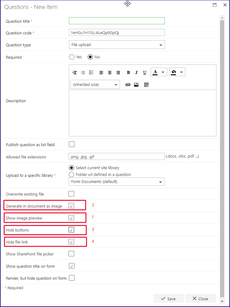 File upload question settings for displaying a barcode