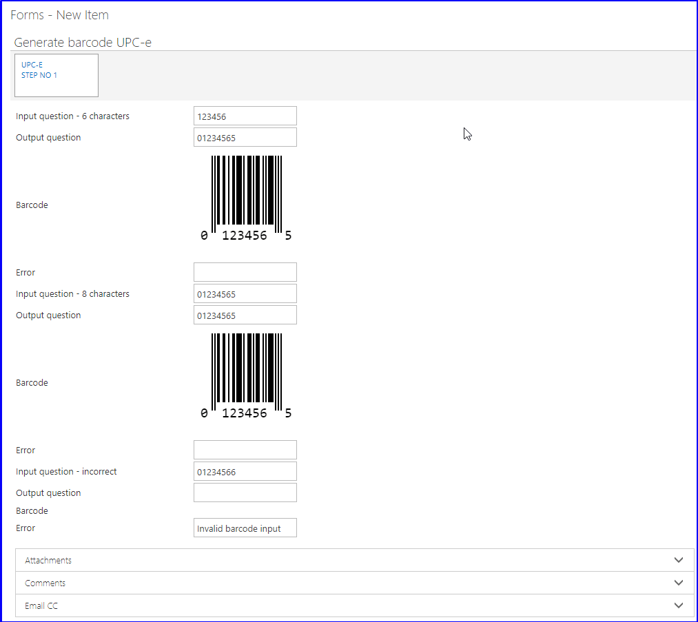 UPC-e barcode generated on a form