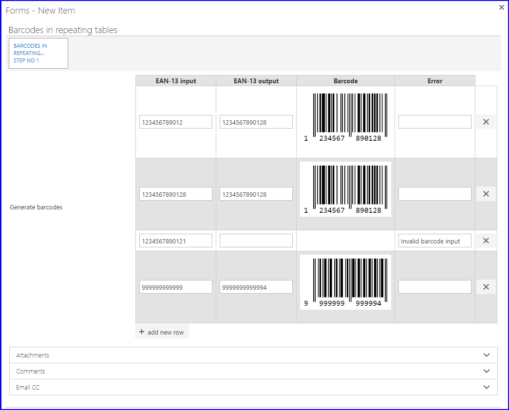 Barcodes generated within a repeating table