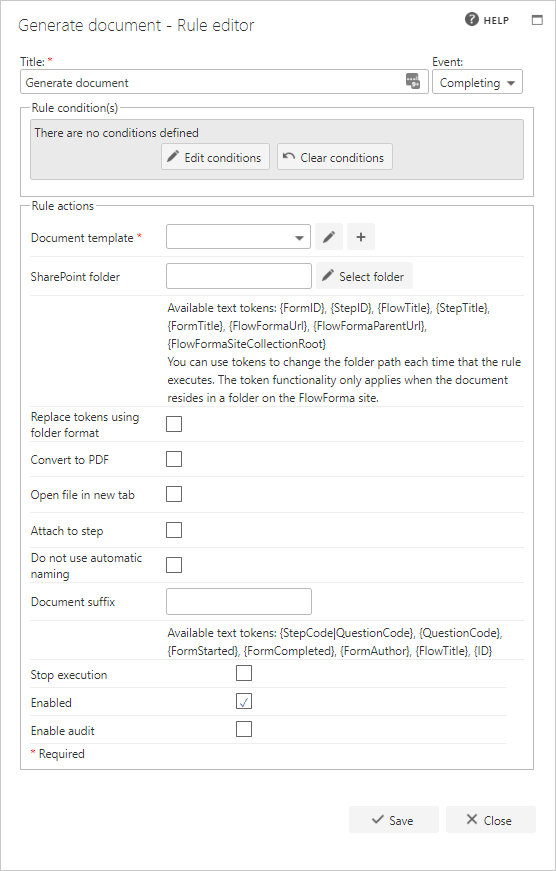 Generate document rule editor
