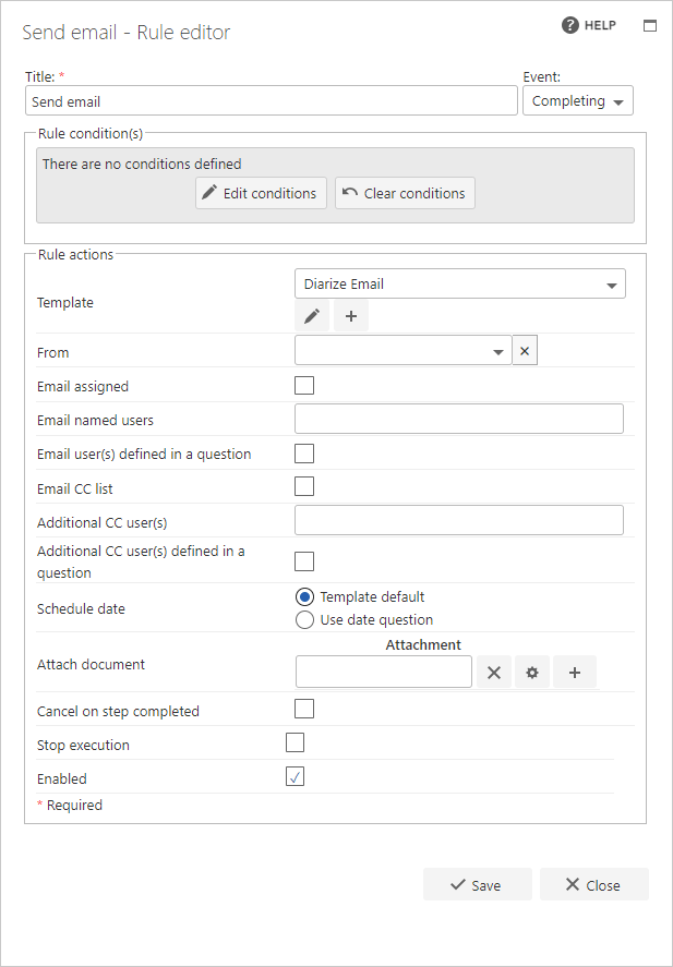 Send email business rule configuration