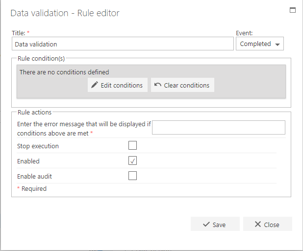 Data validation rule configuration