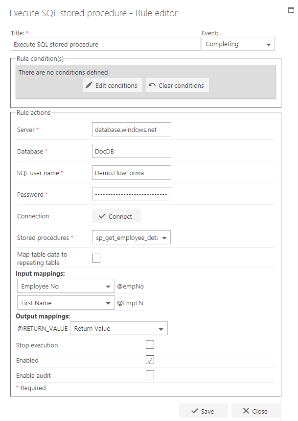 Execute SQL stored procedure rule configuration