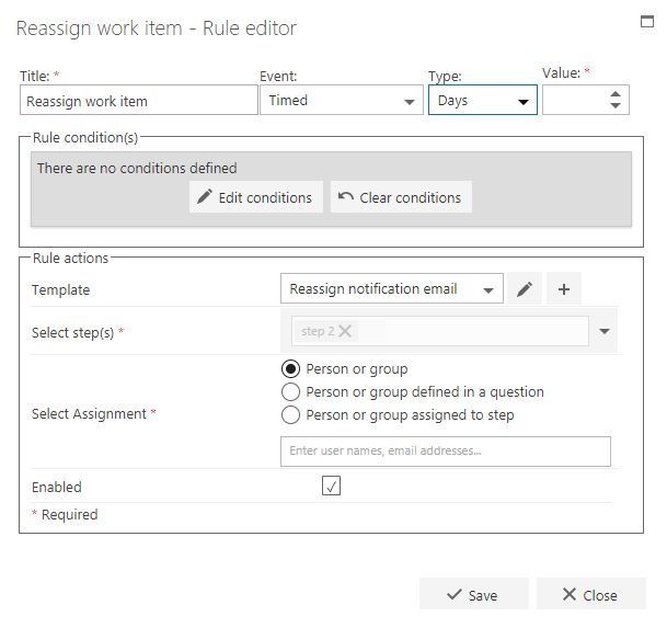 Reassign work item rule configuration
