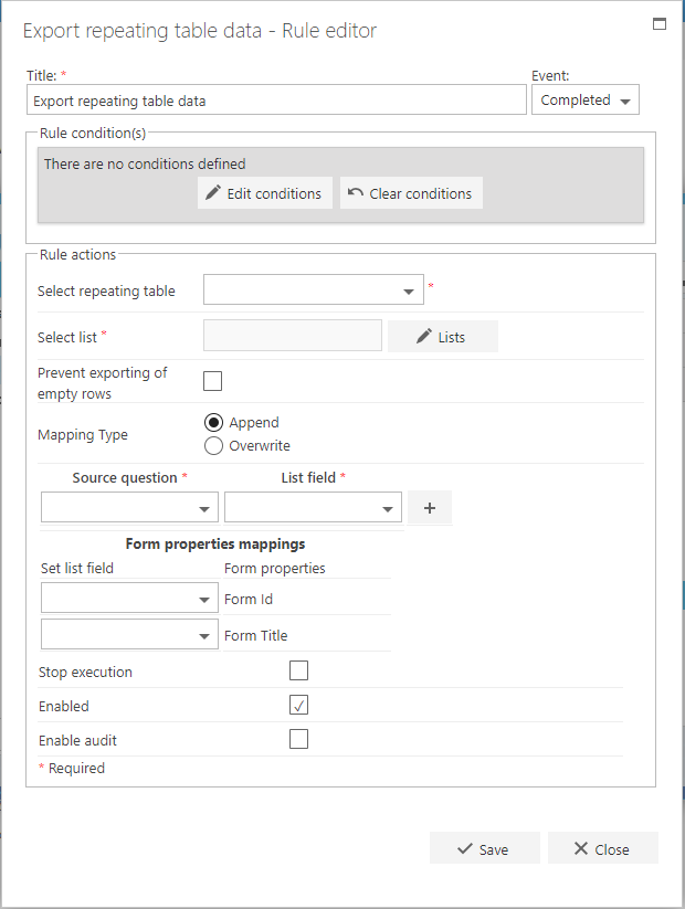 Export Repeating Table data rule configuration