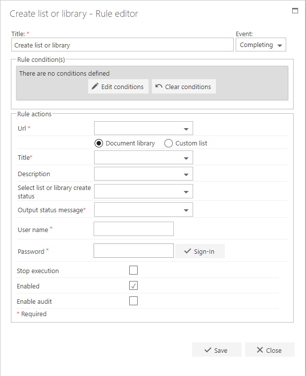 Create list or library rule configuration