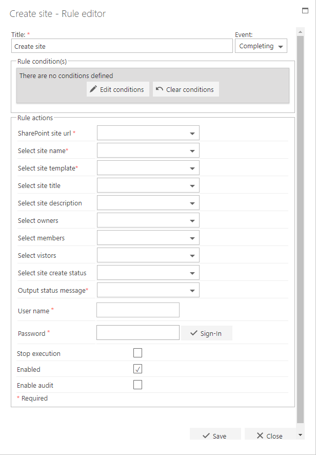 Create site rule actions