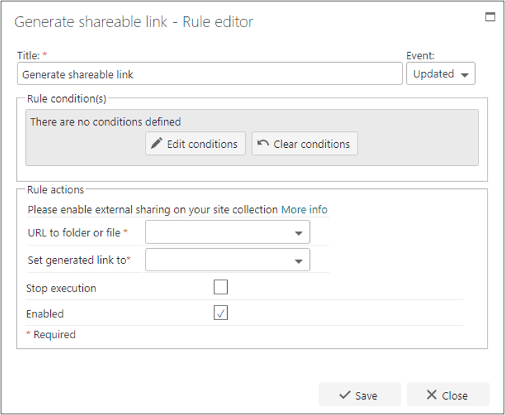 Generate Shareable Link rule configuration