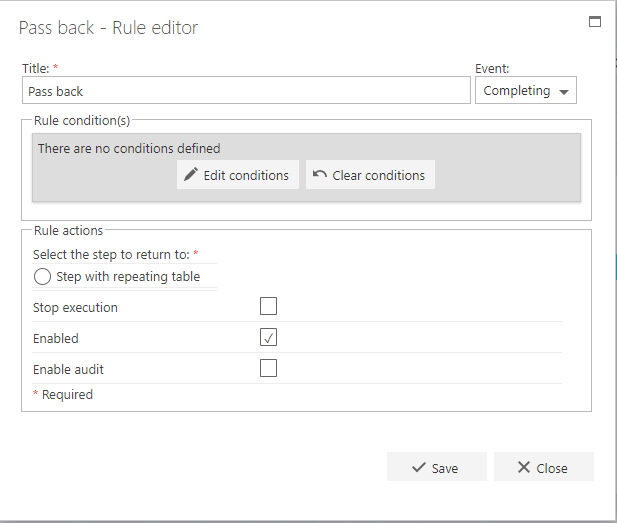 Pass back rule configuration