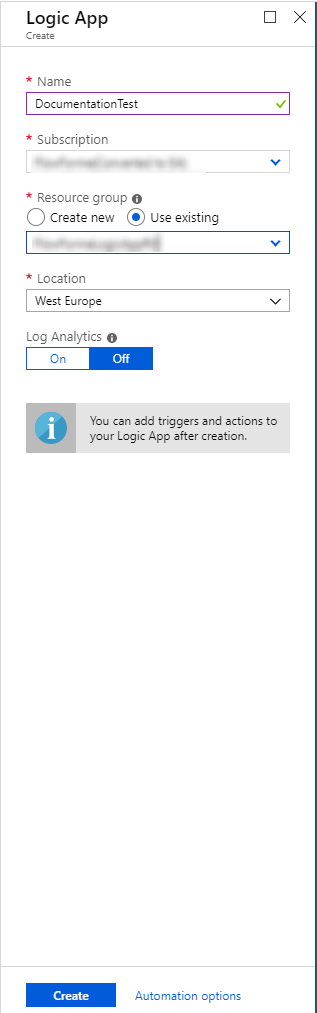 Create Logic App form with values entered