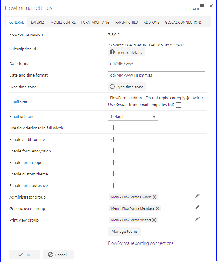 FlowForma reporting connections link in general panel