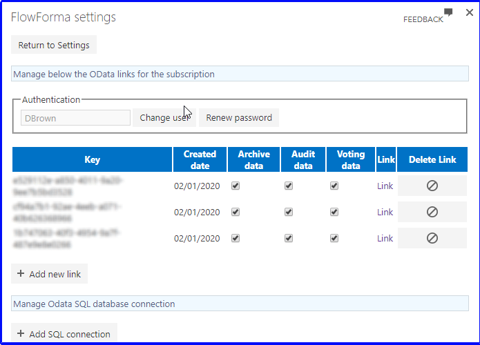 FlowForma reporting connections screen