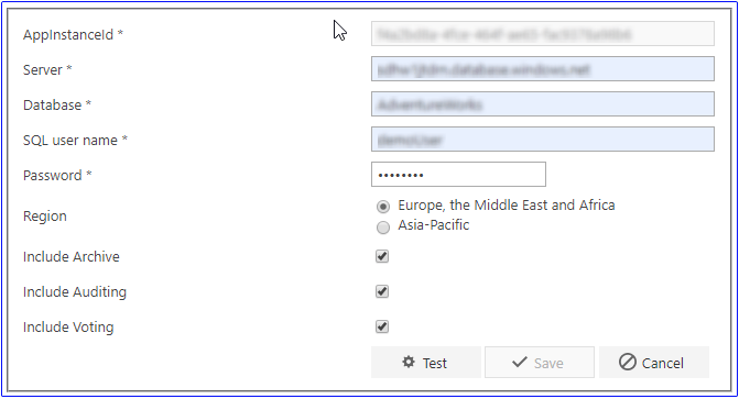 SQL connection form fields