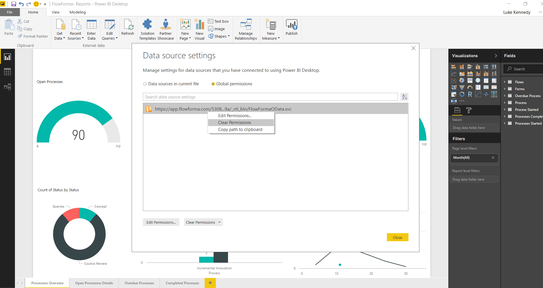 Data source settings dialog with global permissions