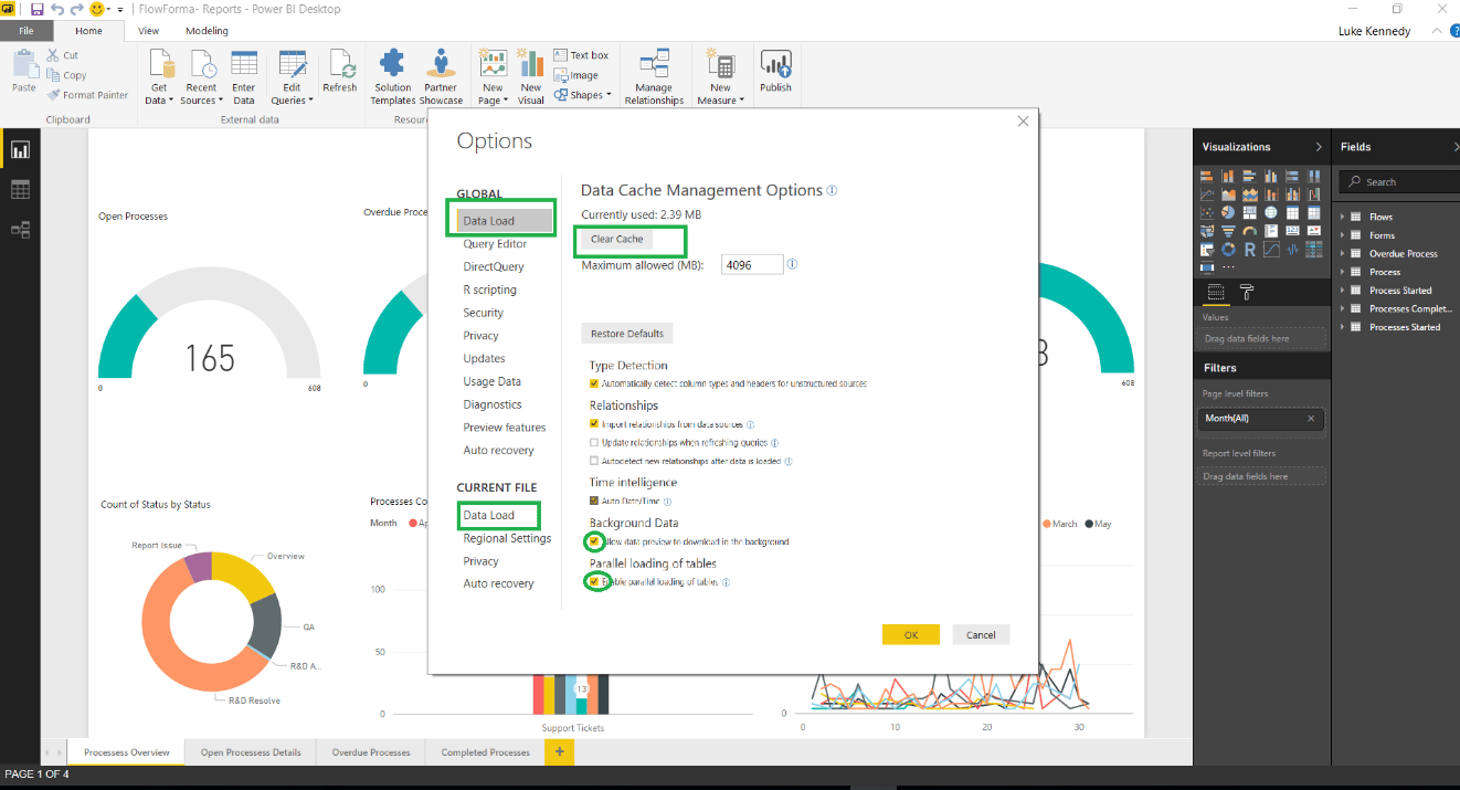 Power BI data load options with cache and parallel loading settings