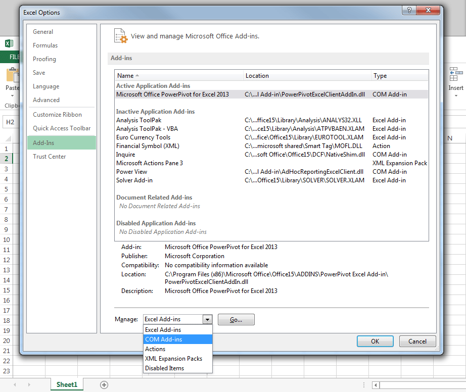 COM add-ins option in Excel options