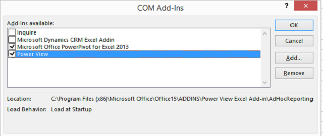 Selecting PowerPivot and Power View add-ins