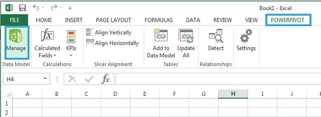 Manage option on the PowerPivot ribbon