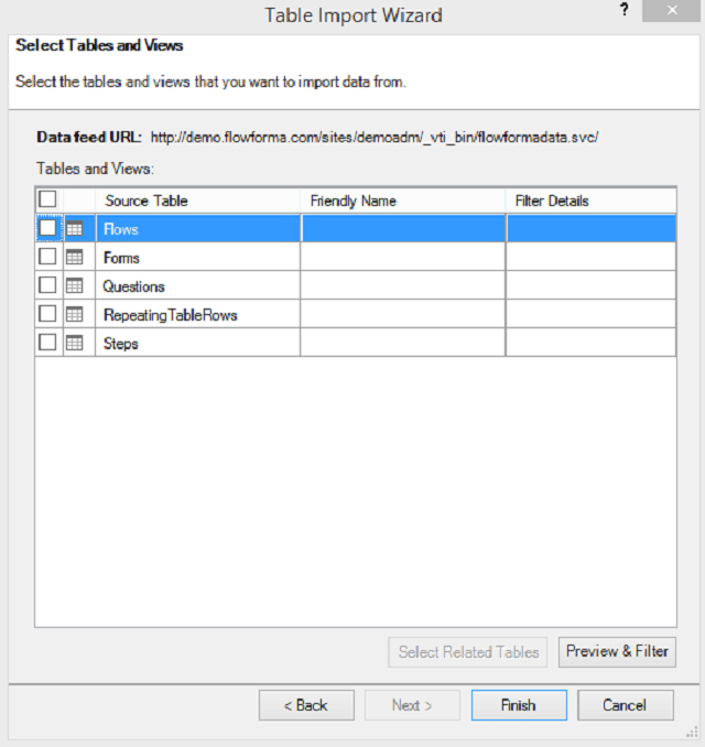 Table import wizard source table selection